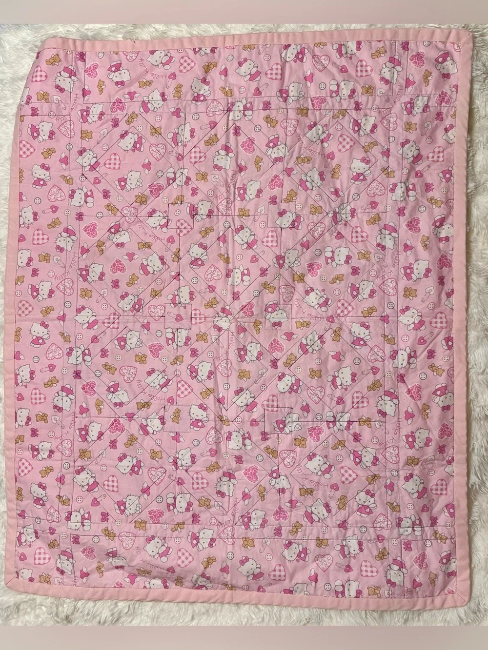 Vintage 2003 Hello Kitty Sanrio Handmade Baby Quilt Pink Y2K Blanket
